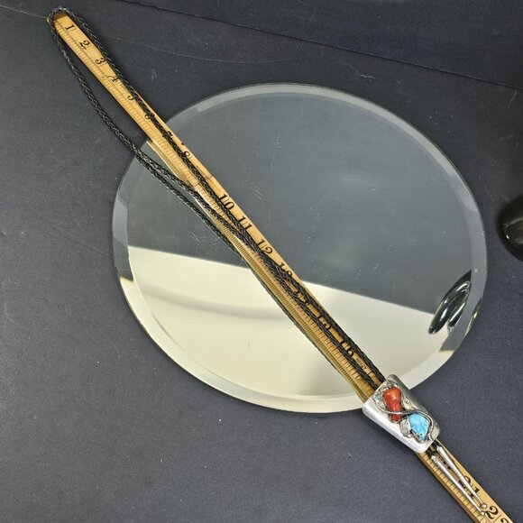 Navajo Turquise Coral Sterling Bolo Tie Snake 925 Silver Tips Simplicio Zuni USA - Picture 8 of 11